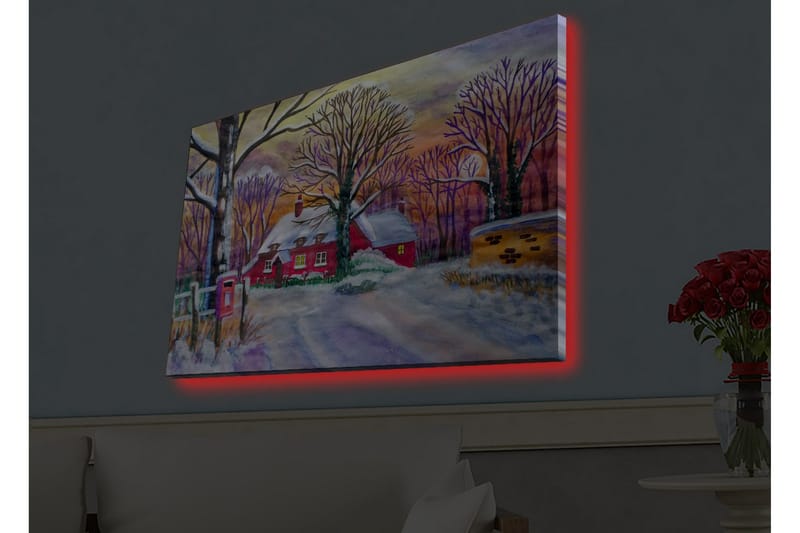 Canvas-taulu LED-valaistuksella - Punainen mökki lumisten puiden ja talvimaiseman ympäröimänä - Punainen / Valkoinen / Violetti - Sisustustuotteet - Taulu & taide - Canvas-taulu