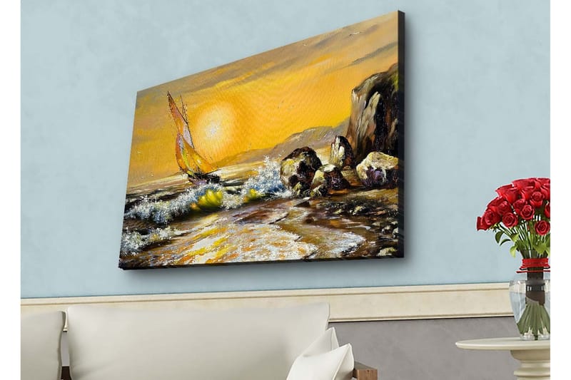 Canvas-taulu LED-valaistuksella - Purjevene kultaisella meren horisontilla, Kulta / Sininen / Vihreä