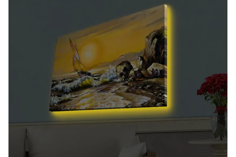 Canvas-taulu LED-valaistuksella - Purjevene kultaisella meren horisontilla - Kulta / Sininen / Vihreä - Sisustustuotteet - Taulu & taide - Canvas-taulu