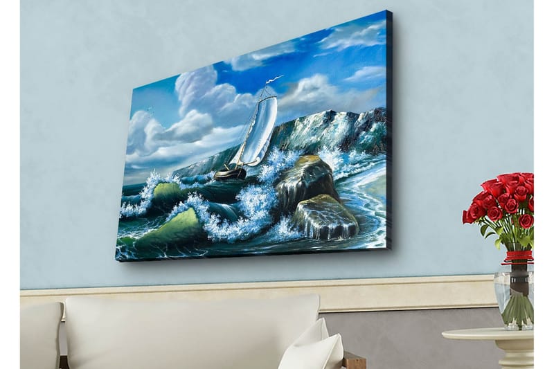 Canvas-taulu LED-valaistuksella - Purjevene taistelee voimakkailla aalloilla, Sininen / Vihreä / Valkoinen