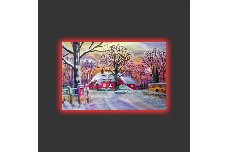 Canvas-taulu LED-valaistuksella - Punainen mökki lumisten puiden ja talvimaiseman ympäröimänä - Punainen / Valkoinen / Violetti - Sisustustuotteet - Taulu & taide - Canvas-taulu
