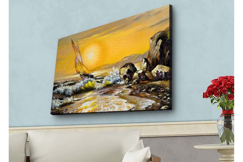 Canvas-taulu LED-valaistuksella - Purjevene kultaisella meren horisontilla, Kulta / Sininen / Vihreä