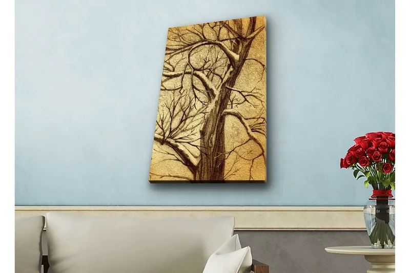 Canvas-taulu LED-valaistuksella - Puu oksilla tyylitellyssä, kultaisessa sommitelmassa, Kulta / Ruskea