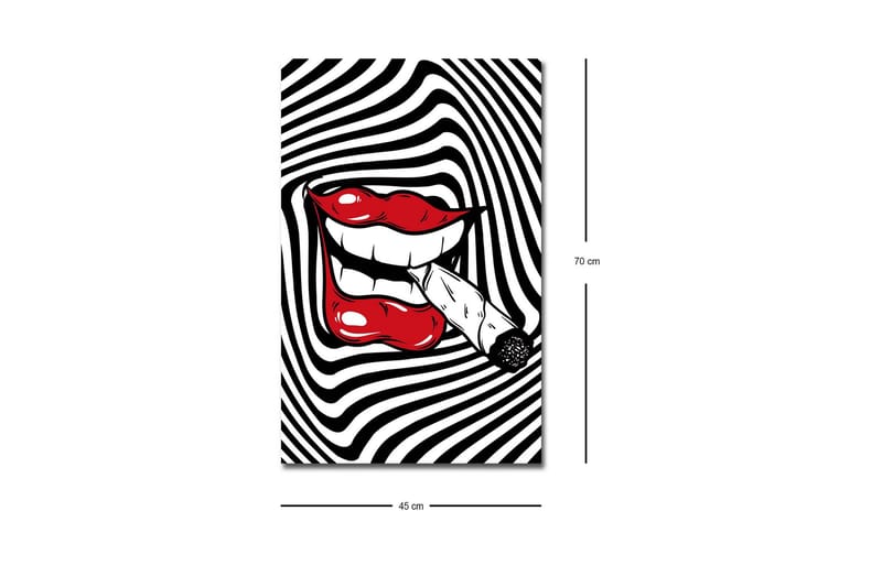 Canvas-taulu LED-valaistuksella - Punaiset huulet ja savuke suussa mustavalkoista spiraalimaista taustaa vasten - Punainen / Musta / Valkoinen - Sisustustuotteet - Taulu & taide - Canvas-taulu