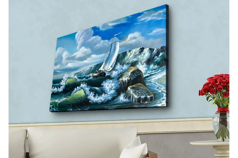 Canvas-taulu LED-valaistuksella - Purjevene taistelee voimakkailla aalloilla, Sininen / Vihreä / Valkoinen