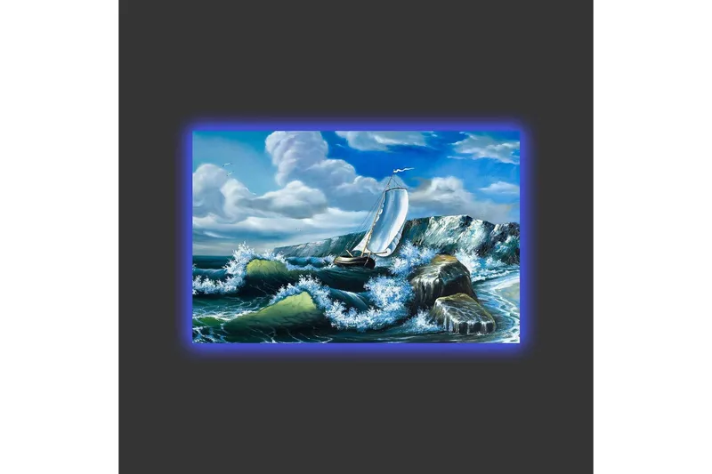 Canvas-taulu LED-valaistuksella - Purjevene taistelee voimakkailla aalloilla - Sininen / Vihreä / Valkoinen - Sisustustuotteet - Taulu & taide - Canvas-taulu