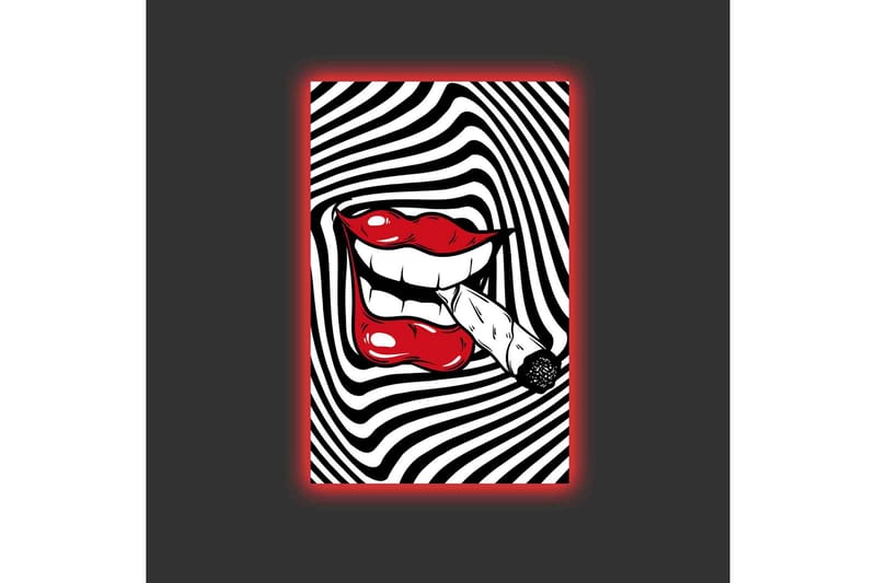 Canvas-taulu LED-valaistuksella - Punaiset huulet ja savuke suussa mustavalkoista spiraalimaista taustaa vasten - Punainen / Musta / Valkoinen - Sisustustuotteet - Taulu & taide - Canvas-taulu