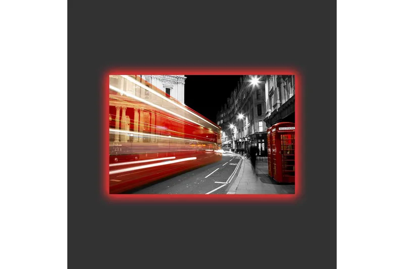 Canvas-taulu LED-valaistuksella - Punainen bussi liikkeessä mustavalkoisella kaupunkikadulla - Punainen / Musta / Harmaa - Sisustustuotteet - Taulu & taide - Canvas-taulu