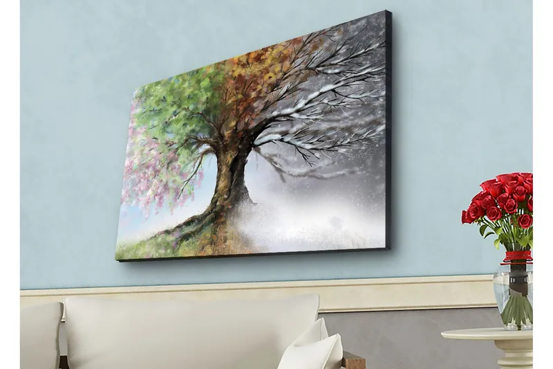 Canvas-taulu LED-valaistuksella - Puut ja vaihtuvat vuodenajat harmonisessa sommitelmassa, Vihreä / Ruskea / Harmaa