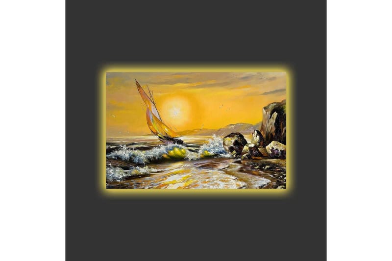 Canvas-taulu LED-valaistuksella - Purjevene kultaisella meren horisontilla - Kulta / Sininen / Vihreä - Sisustustuotteet - Taulu & taide - Canvas-taulu