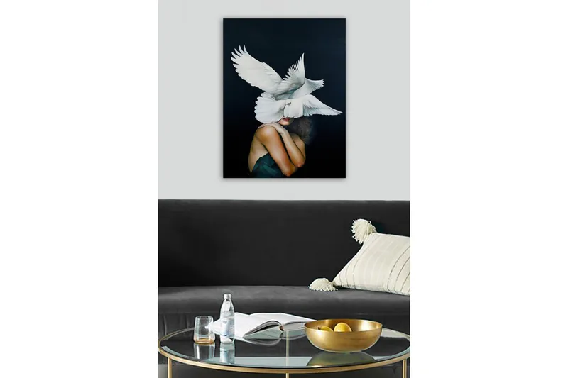 Canvas-taulu - Linnut leijuvat paljaan olkapäänsä omaavan naisen yllä - Valkoinen / Musta / Ihonvärinen - Sisustustuotteet - Taulu & taide - Canvas-taulu