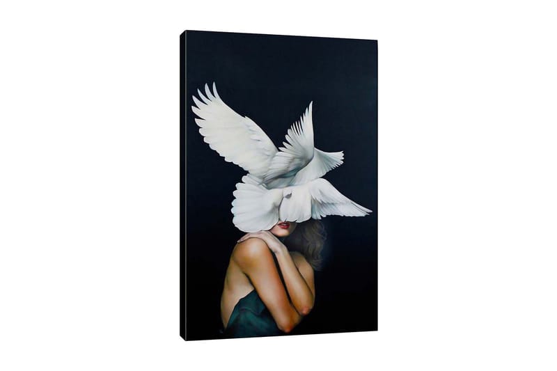 Canvas-taulu - Linnut leijuvat paljaan olkapäänsä omaavan naisen yllä, Valkoinen / Musta / Ihonvärinen