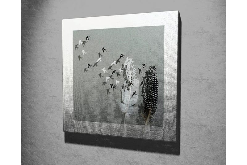 Canvas-taulu - Lintujen siluetit lentämässä pois maljakosta höyhenillä - Musta / Valkoinen / Harmaa - Sisustustuotteet - Taulu & taide - Canvas-taulu