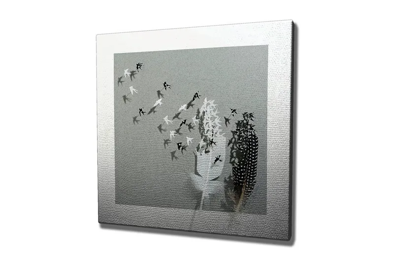 Canvas-taulu - Lintujen siluetit lentämässä pois maljakosta höyhenillä, Musta / Valkoinen / Harmaa
