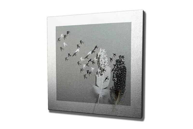 Canvas-taulu - Lintujen siluetit lentämässä pois maljakosta höyhenillä, Musta / Valkoinen / Harmaa
