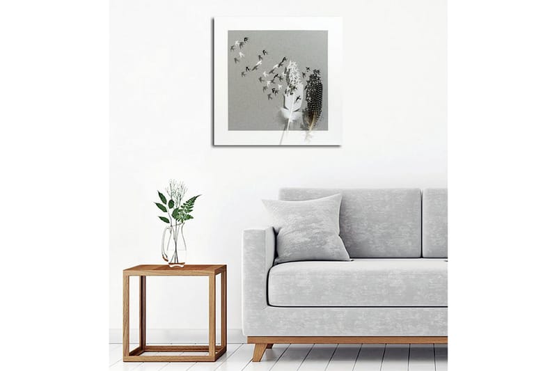 Canvas-taulu - Lintujen siluetit lentämässä pois maljakosta höyhenillä - Musta / Valkoinen / Harmaa - Sisustustuotteet - Taulu & taide - Canvas-taulu