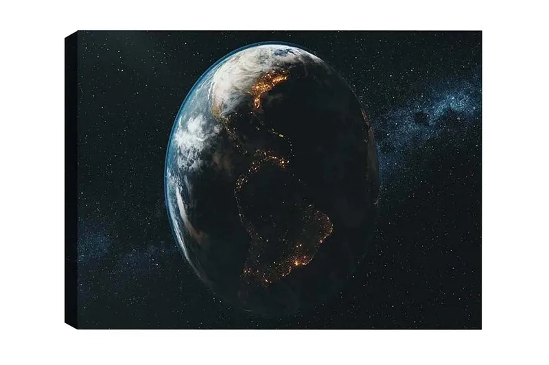 Canvas-taulu - Maa avaruudesta käsin nähtynä, valot korostavat kaupunkeja, Sininen / Vihreä / Musta