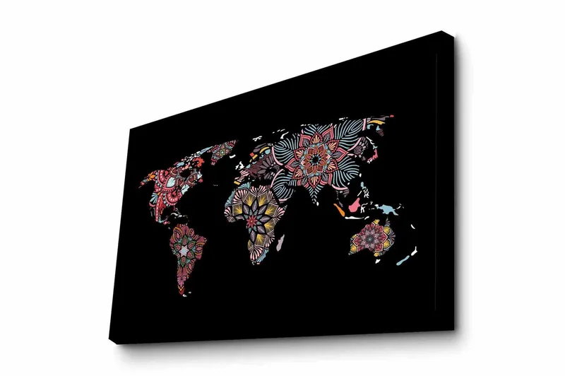 Canvas-taulu - Maailmankartta värikkäillä kukkakuvioilla, Punainen / Vihreä / Keltainen