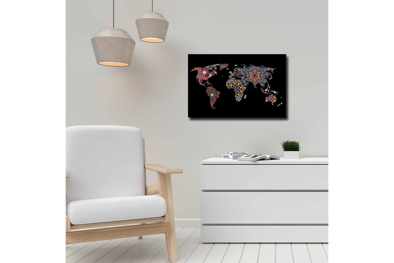 Canvas-taulu - Maailmankartta värikkäillä kukkakuvioilla - Punainen / Vihreä / Keltainen - Sisustustuotteet - Taulu & taide - Canvas-taulu