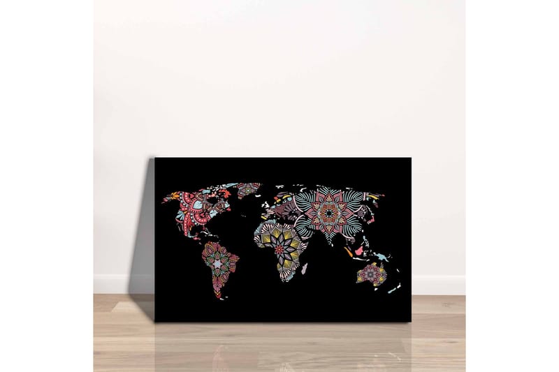 Canvas-taulu - Maailmankartta värikkäillä kukkakuvioilla - Punainen / Vihreä / Keltainen - Sisustustuotteet - Taulu & taide - Canvas-taulu