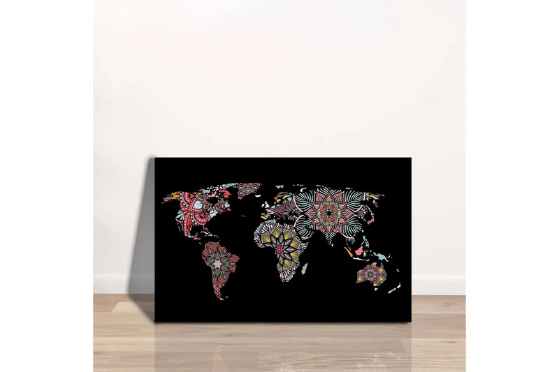 Canvas-taulu - Maailmankartta värikkäillä kukkakuvioilla - Punainen / Vihreä / Keltainen - Sisustustuotteet - Taulu & taide - Canvas-taulu