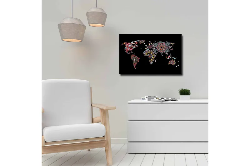 Canvas-taulu - Maailmankartta värikkäillä kukkakuvioilla - Punainen / Vihreä / Keltainen - Sisustustuotteet - Taulu & taide - Canvas-taulu