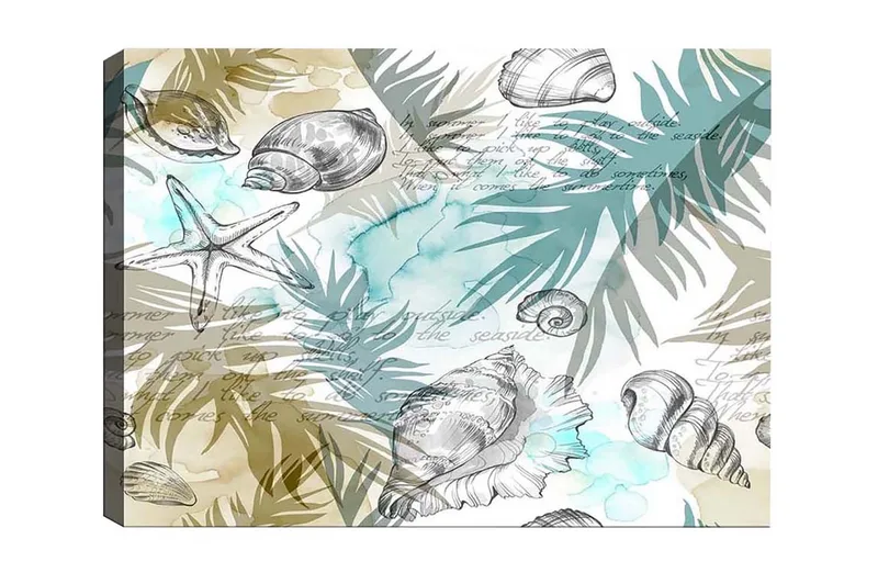 Canvas-taulu - Meriaihe simpukoilla ja palmunlehdillä, Sininen / Beige / Vihreä