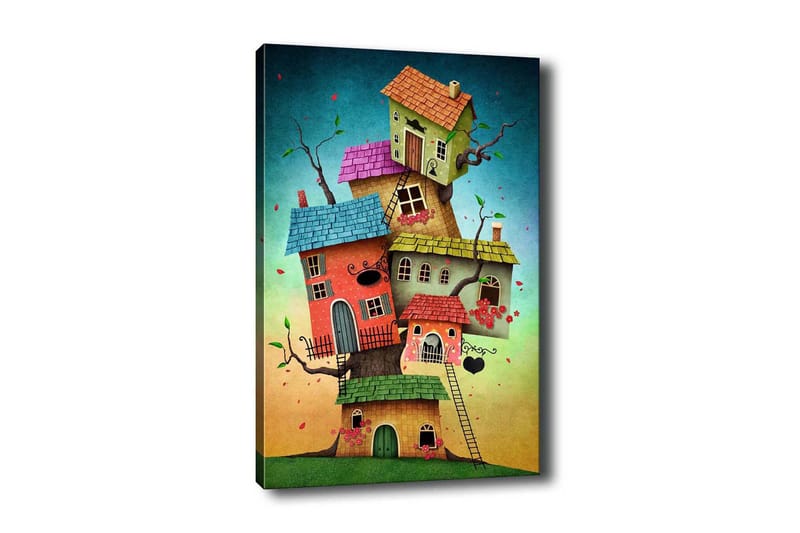 Canvas-taulu - Mielikuvituksellinen värikkäiden talojen rakentaminen puunrungosta, Vihreä / Punainen / Sininen
