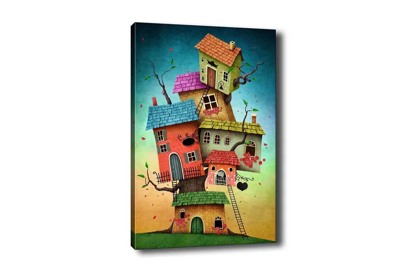 Canvas-taulu - Mielikuvituksellinen värikkäiden talojen rakentaminen puunrungosta, Vihreä / Punainen / Sininen