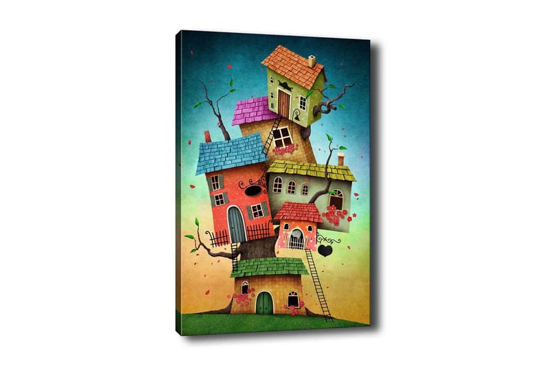 Canvas-taulu - Mielikuvituksellinen värikkäiden talojen rakentaminen puunrungosta, Vihreä / Punainen / Sininen