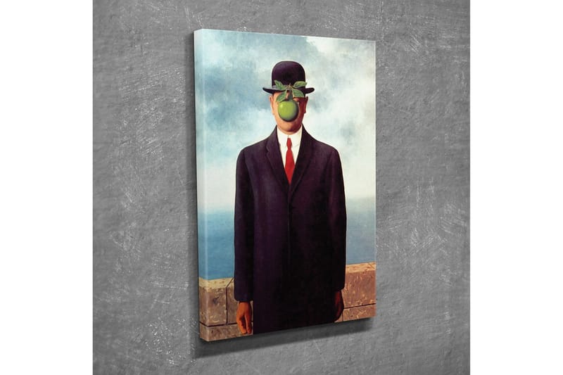 Canvas-taulu - Mies puvussa ja hatussa, omena kasvojensa edessä - Tummansininen / Vihreä / Musta - Sisustustuotteet - Taulu & taide - Canvas-taulu
