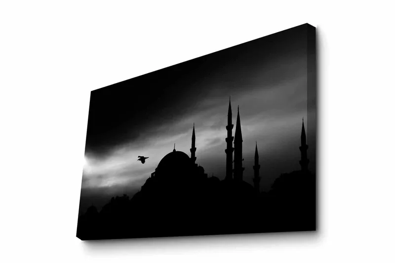 Canvas-taulu - Moskeijan siluetti tornin kanssa dramaattisella taivaalla, Musta / Harmaa