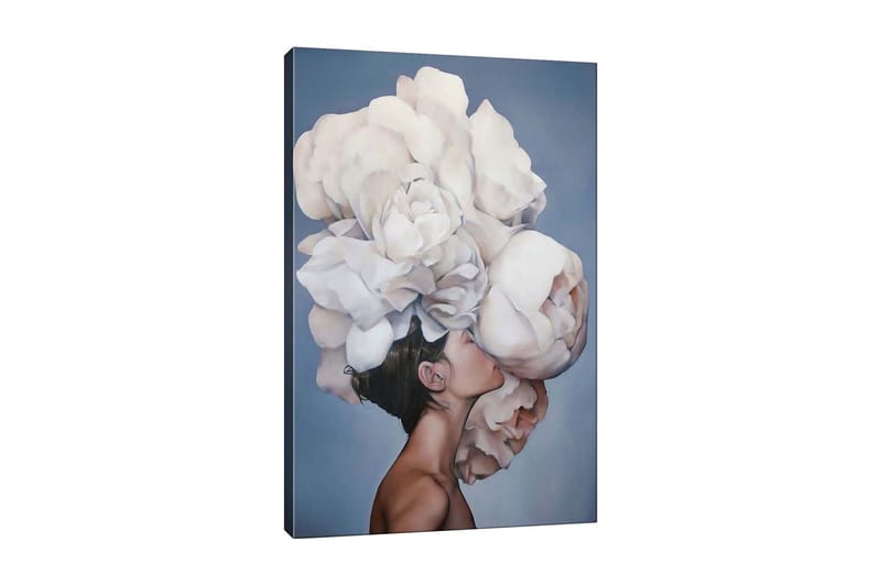 Canvas-taulu - Muotokuva henkilöstä, jonka pään yläpuolella leijuu suuri valkoisten kukkien kimppu, Valkoinen / Vaaleanharmaa / Ihonväri
