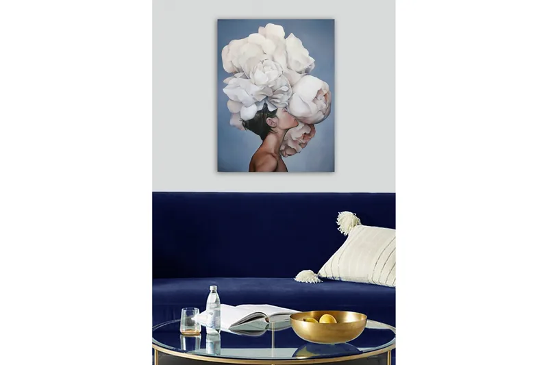 Canvas-taulu - Muotokuva henkilöstä, jonka pään yläpuolella leijuu suuri valkoisten kukkien kimppu - Valkoinen / Vaaleanharmaa / Ihonväri - Sisustustuotteet - Taulu & taide - Canvas-taulu