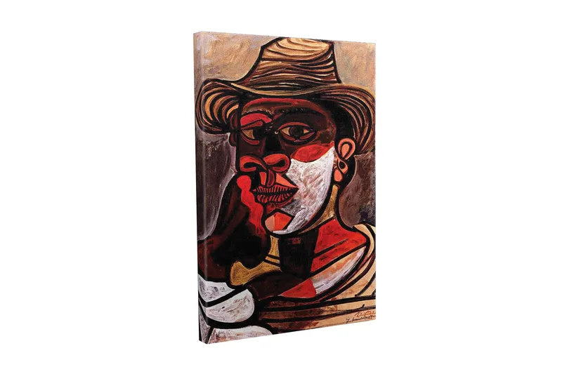 Canvas-taulu - Muotokuva miehestä, jolla on hattu ja vahvat kasvonpiirteet, Punainen / Musta / Valkoinen