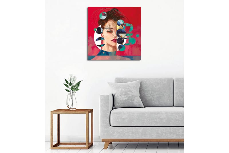 Canvas-taulu - Muotokuva naisesta, jolla on abstrakteja geometrisia muotoja ja värikkäitä ympyröitä - Punainen / Vihreä / Musta - Sisustustuotteet - Taulu & taide - Canvas-taulu
