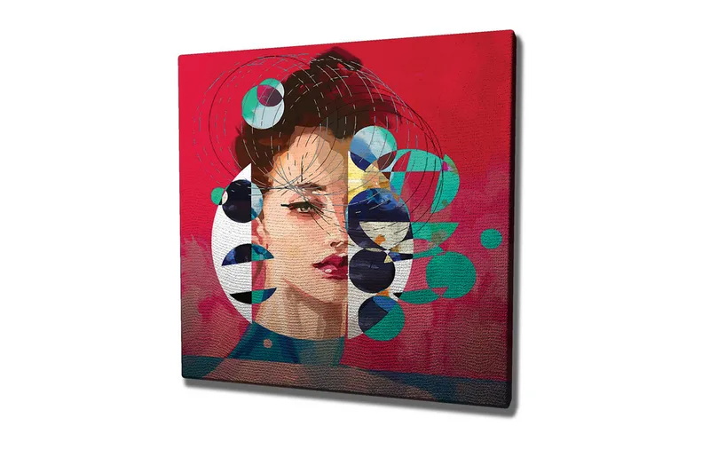 Canvas-taulu - Muotokuva naisesta, jolla on abstrakteja geometrisia muotoja ja värikkäitä ympyröitä, Punainen / Vihreä / Musta