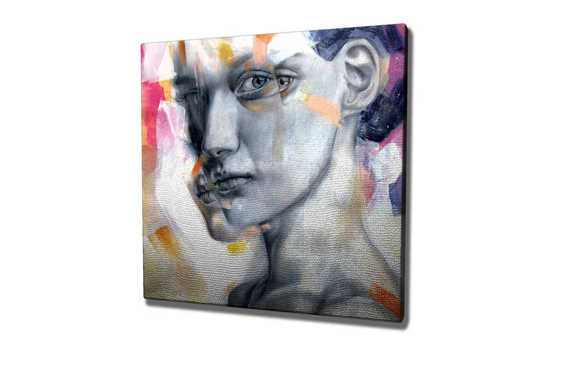 Canvas-taulu - Muotokuva naisesta, jolla on ilmeikäs ilme - Harmaa / Vaaleanpunainen / Oranssi - Sisustustuotteet - Taulu & taide - Canvas-taulu