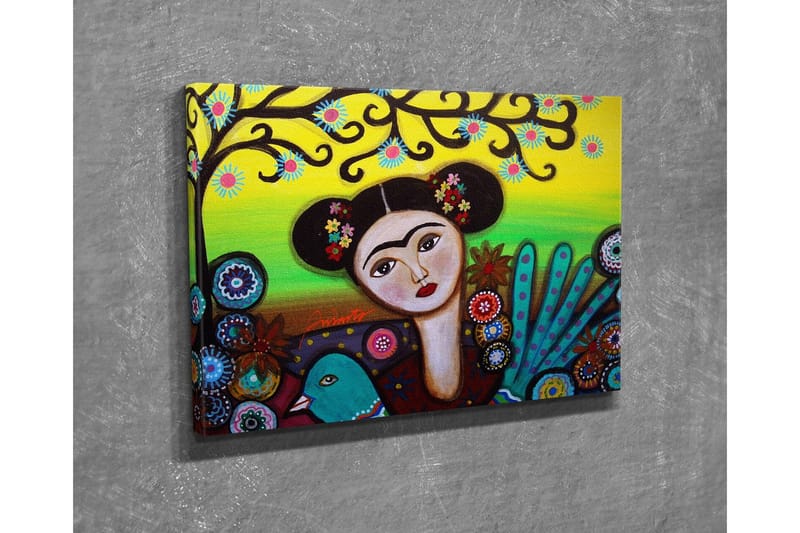 Canvas-taulu - Muotokuva naisesta, jolla on kukkia hiuksissaan ja vihreä lintu vieressään - Vihreä / Punainen / Musta - Sisustustuotteet - Taulu & taide - Canvas-taulu