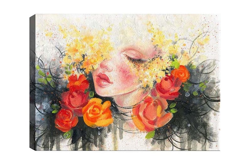 Canvas-taulu - Muotokuva naisesta, jolla on kukkia hiuksissaan - Oranssi / Keltainen / Musta - Sisustustuotteet - Taulu & taide - Canvas-taulu