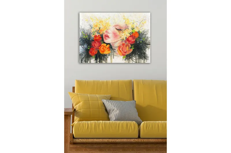 Canvas-taulu - Muotokuva naisesta, jolla on kukkia hiuksissaan - Oranssi / Keltainen / Musta - Sisustustuotteet - Taulu & taide - Canvas-taulu