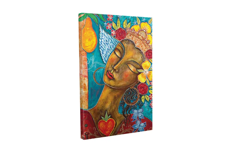 Canvas-taulu - Muotokuva naisesta, jolla on kukkia ja hedelmiä hiuksissaan, Turkoosi / Ruskea / Punainen