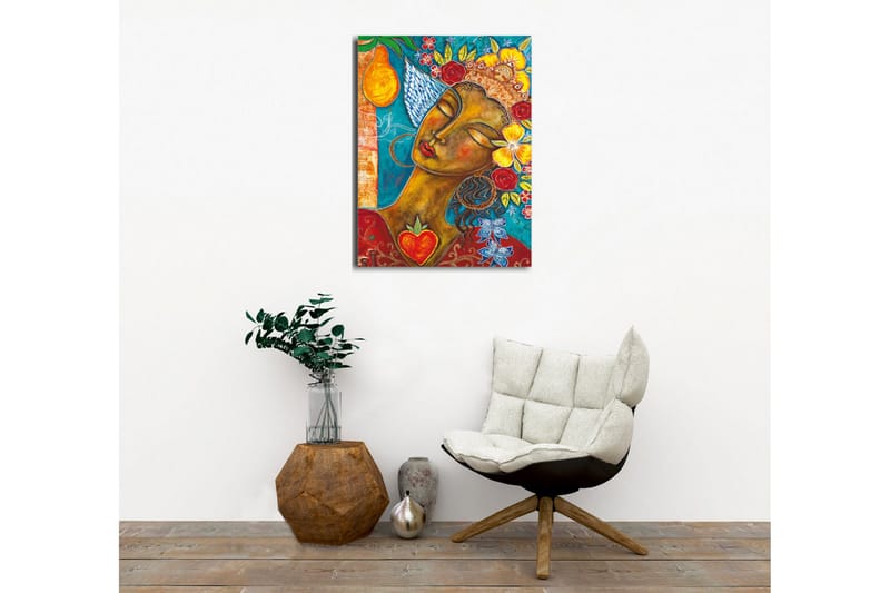 Canvas-taulu - Muotokuva naisesta, jolla on kukkia ja hedelmiä hiuksissaan - Turkoosi / Ruskea / Punainen - Sisustustuotteet - Taulu & taide - Canvas-taulu