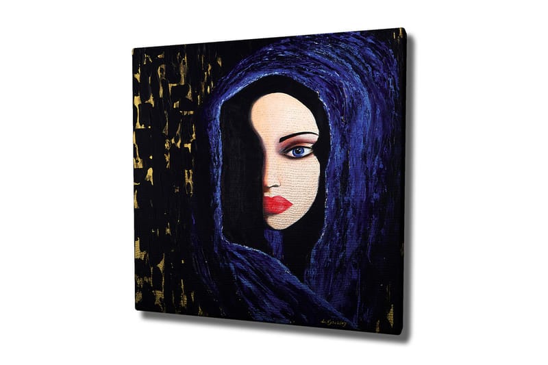 Canvas-taulu - Muotokuva naisesta, jolla on salaperäinen ilme tummassa hupussa, Tummansininen / Musta / Punainen
