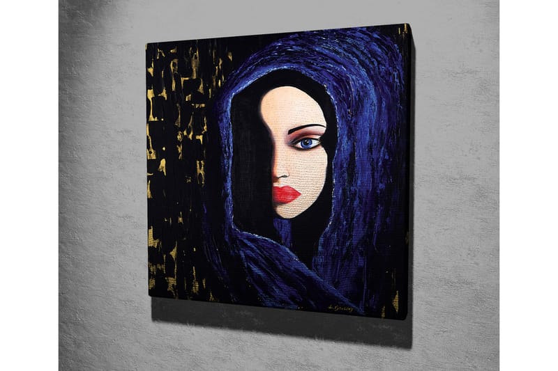 Canvas-taulu - Muotokuva naisesta, jolla on salaperäinen ilme tummassa hupussa - Tummansininen / Musta / Punainen - Sisustustuotteet - Taulu & taide - Canvas-taulu