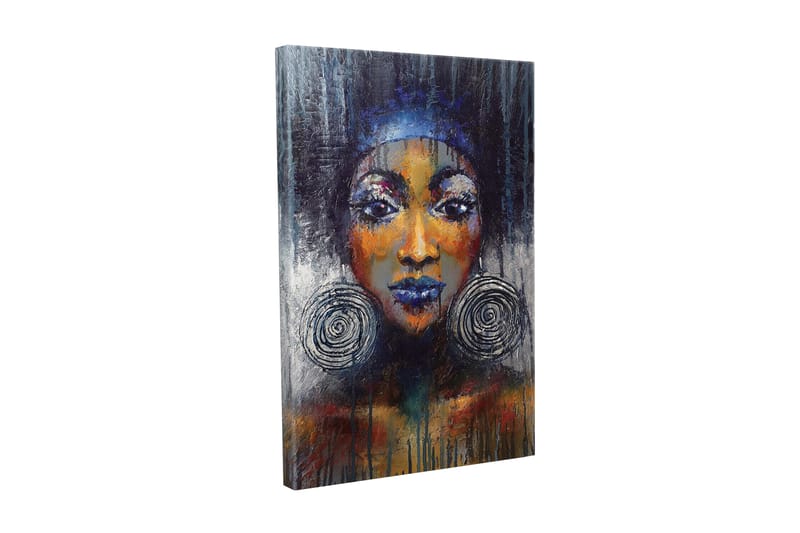 Canvas-taulu - Muotokuva naisesta, jolla on suuret korvakorut ja vahvat värit - Tummansininen / Oranssi / Musta - Sisustustuotteet - Taulu & taide - Canvas-taulu