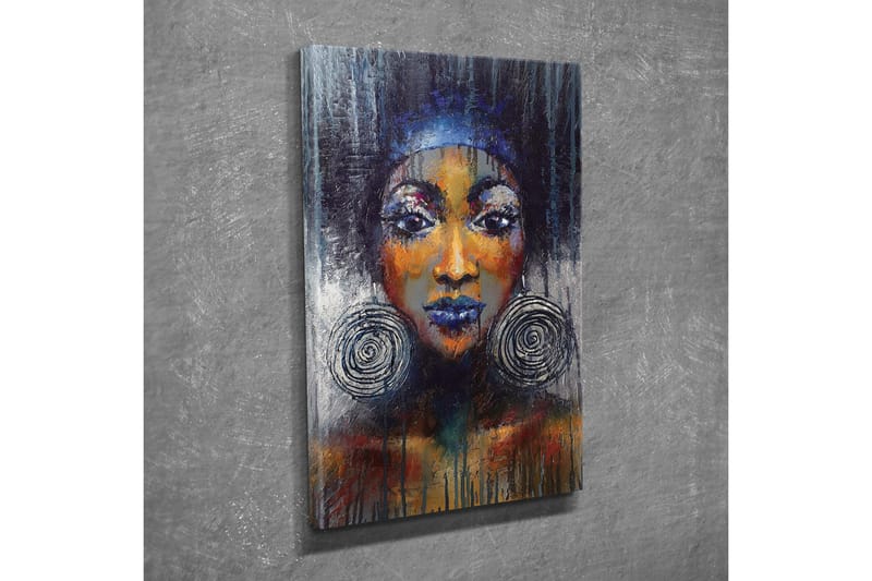 Canvas-taulu - Muotokuva naisesta, jolla on suuret korvakorut ja vahvat värit - Tummansininen / Oranssi / Musta - Sisustustuotteet - Taulu & taide - Canvas-taulu