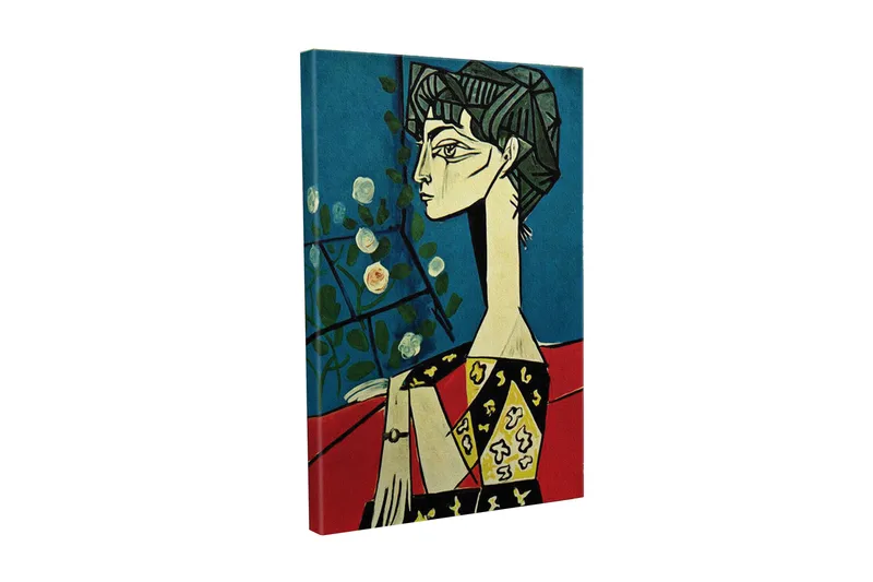 Canvas-taulu - Muotokuva naisesta, jolla on tyyliteltyjä piirteitä ja kukkia taustalla, Sininen / Punainen / Musta