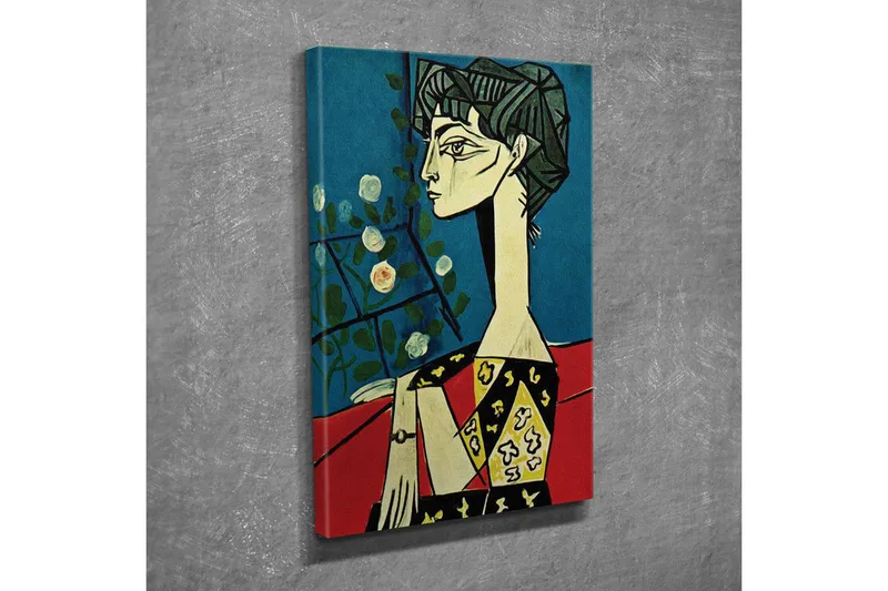 Canvas-taulu - Muotokuva naisesta, jolla on tyyliteltyjä piirteitä ja kukkia taustalla - Sininen / Punainen / Musta - Sisustustuotteet - Taulu & taide - Canvas-taulu