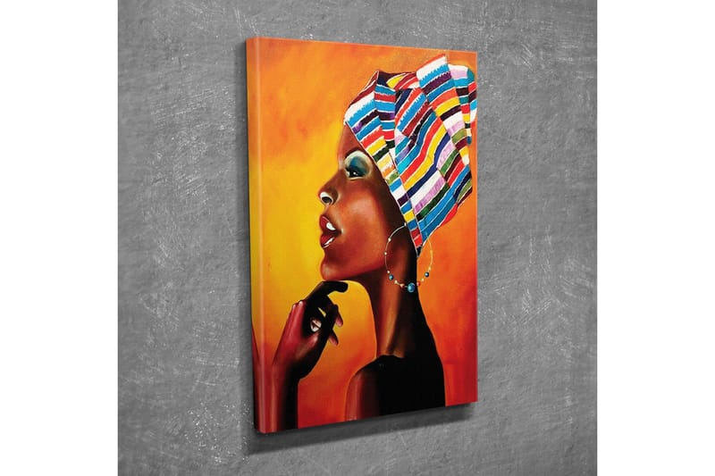 Canvas-taulu - Muotokuva naisesta, jolla on värikäs huivi ja vahva ilme - Oranssi / Musta / Sininen - Sisustustuotteet - Taulu & taide - Canvas-taulu